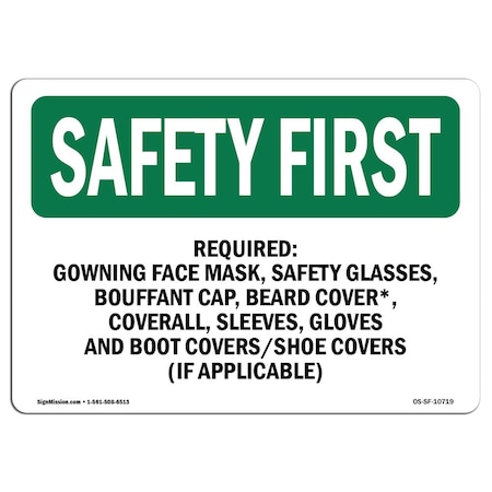 Signmission OSHA Sign, Required- Gowning Face Mask Glasses, 14in X 10in Aluminum, 14" W, 10" H, Landscape OS-SF-A-1014-L-10719